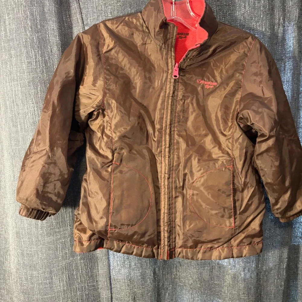 OshKosh B'gosh Reversible Zipper Jacket Pink Brown Fleece Windbreaker (Girls 6x)